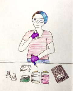 A cartoon of Kate with lab equipment